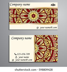 Visiting card and business card set with mandala design element logo. Abstract oriental Layout. Front page and back page