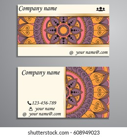 Visiting card and business card set with mandala design element logo. Abstract oriental Layout. Front page and back page