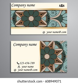 Visiting card and business card set with mandala design element logo. Abstract oriental Layout. Front page and back page