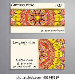 Visiting card and business card set with mandala design element logo. Abstract oriental Layout. Front page and back page
