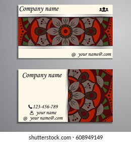 Visiting card and business card set with mandala design element logo. Abstract oriental Layout. Front page and back page
