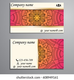 Visiting card and business card set with mandala design element logo. Abstract oriental Layout. Front page and back page