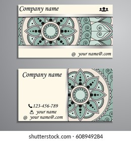 Visiting card and business card set with mandala design element logo. Abstract oriental Layout. Front page and back page