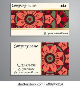 Visiting card and business card set with mandala design element logo. Abstract oriental Layout. Front page and back page