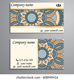 Visiting card and business card set with mandala design element logo. Abstract oriental Layout. Front page and back page