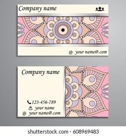 Visiting card and business card set with mandala design element logo. Abstract oriental Layout. Front page and back page