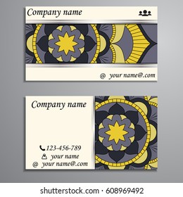 Visiting card and business card set with mandala design element logo. Abstract oriental Layout. Front page and back page