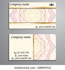 Visiting card and business card set with mandala design element logo. Abstract oriental Layout. Front page and back page