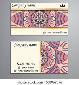 Visiting card and business card set with mandala design element logo. Abstract oriental Layout. Front page and back page