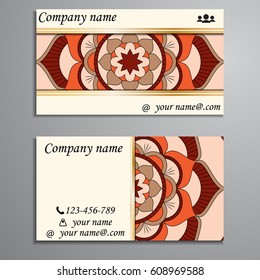 Visiting card and business card set with mandala design element logo. Abstract oriental Layout. Front page and back page