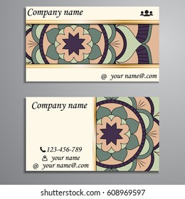 Visiting card and business card set with mandala design element logo. Abstract oriental Layout. Front page and back page