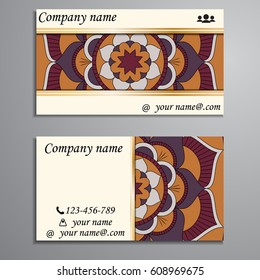Visiting card and business card set with mandala design element logo. Abstract oriental Layout. Front page and back page