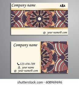 Visiting card and business card set with mandala design element logo. Abstract oriental Layout. Front page and back page