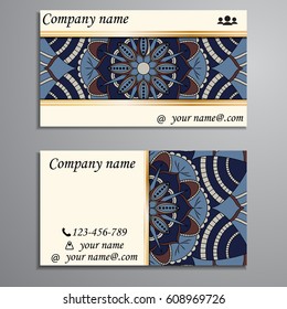 Visiting card and business card set with mandala design element logo. Abstract oriental Layout. Front page and back page