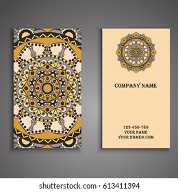 Visiting card and business card set with mandala design element logo. Abstract oriental Layout. Front page and back page