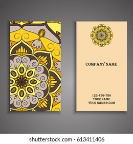 Visiting card and business card set with mandala design element logo. Abstract oriental Layout. Front page and back page