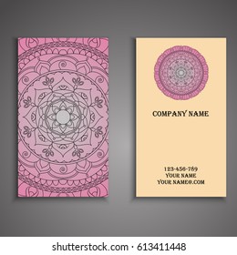 Visiting card and business card set with mandala design element logo. Abstract oriental Layout. Front page and back page