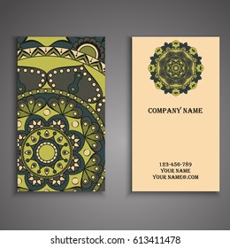 Visiting card and business card set with mandala design element logo. Abstract oriental Layout. Front page and back page