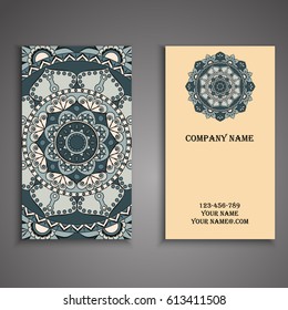 Visiting card and business card set with mandala design element logo. Abstract oriental Layout. Front page and back page