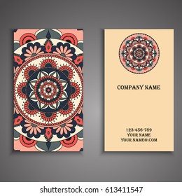 Visiting card and business card set with mandala design element logo. Abstract oriental Layout. Front page and back page