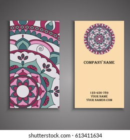 Visiting card and business card set with mandala design element logo. Abstract oriental Layout. Front page and back page