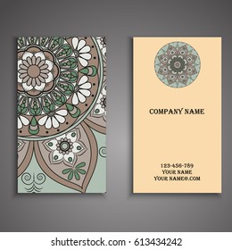 Visiting card and business card set with mandala design element logo. Abstract oriental Layout. Front page and back page