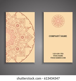 Visiting card and business card set with mandala design element logo. Abstract oriental Layout. Front page and back page