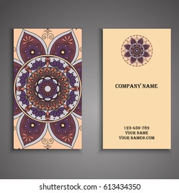 Visiting card and business card set with mandala design element logo. Abstract oriental Layout. Front page and back page