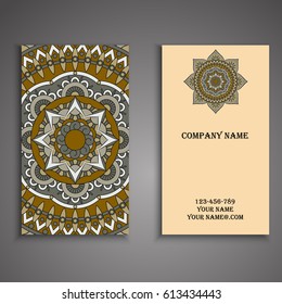 Visiting card and business card set with mandala design element logo. Abstract oriental Layout. Front page and back page