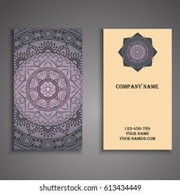 Visiting card and business card set with mandala design element logo. Abstract oriental Layout. Front page and back page