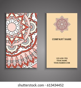 Visiting card and business card set with mandala design element logo. Abstract oriental Layout. Front page and back page