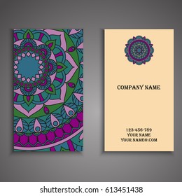Visiting card and business card set with mandala design element logo. Abstract oriental Layout. Front page and back page