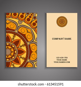 Visiting card and business card set with mandala design element logo. Abstract oriental Layout. Front page and back page