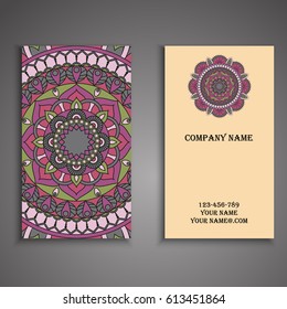 Visiting card and business card set with mandala design element logo. Abstract oriental Layout. Front page and back page