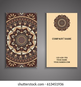 Visiting card and business card set with mandala design element logo. Abstract oriental Layout. Front page and back page