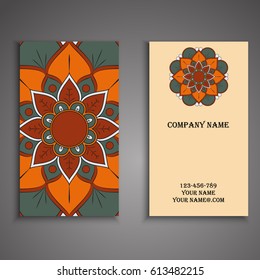 Visiting card and business card set with mandala design element logo. Abstract oriental Layout. Front page and back page
