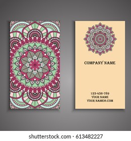 Visiting card and business card set with mandala design element logo. Abstract oriental Layout. Front page and back page