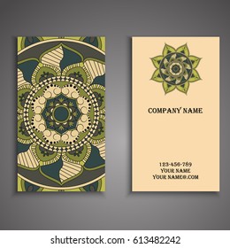 Visiting card and business card set with mandala design element logo. Abstract oriental Layout. Front page and back page