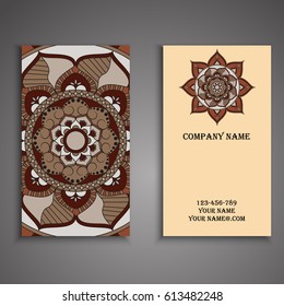 Visiting card and business card set with mandala design element logo. Abstract oriental Layout. Front page and back page