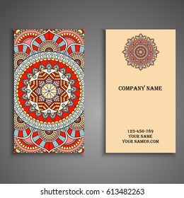 Visiting card and business card set with mandala design element logo. Abstract oriental Layout. Front page and back page