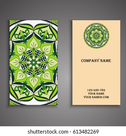 Visiting card and business card set with mandala design element logo. Abstract oriental Layout. Front page and back page