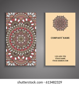 Visiting card and business card set with mandala design element logo. Abstract oriental Layout. Front page and back page