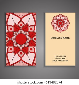 Visiting card and business card set with mandala design element logo. Abstract oriental Layout. Front page and back page