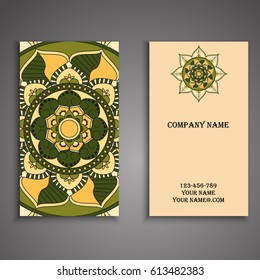 Visiting card and business card set with mandala design element logo. Abstract oriental Layout. Front page and back page