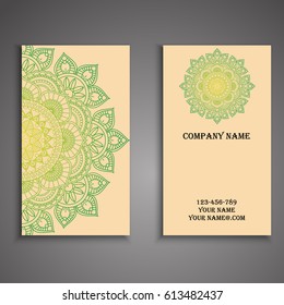 Visiting card and business card set with mandala design element logo. Abstract oriental Layout. Front page and back page