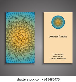 Visiting card and business card set with mandala design element logo. Abstract oriental Layout. Front page and back page