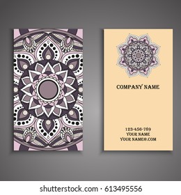 Visiting card and business card set with mandala design element logo. Abstract oriental Layout. Front page and back page