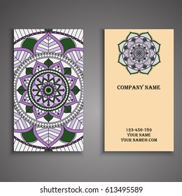 Visiting card and business card set with mandala design element logo. Abstract oriental Layout. Front page and back page