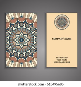 Visiting card and business card set with mandala design element logo. Abstract oriental Layout. Front page and back page