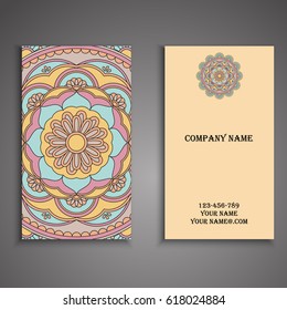 Visiting card and business card set with mandala design element logo. Abstract oriental Layout. Front page and back page